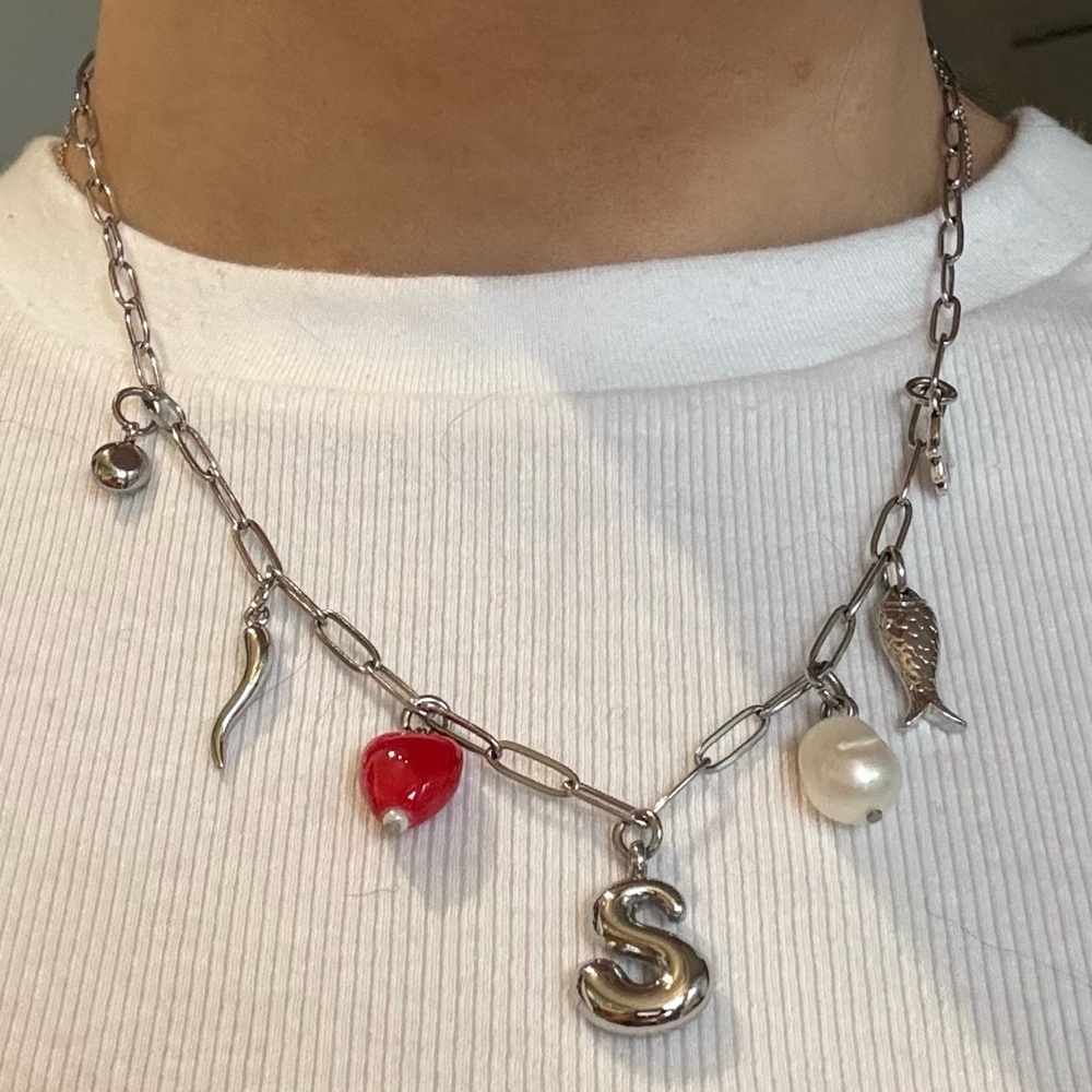 Handmade Sterling Sliver Paperclip Charm Necklace, Letter S, Ceramic Beads/Pearl